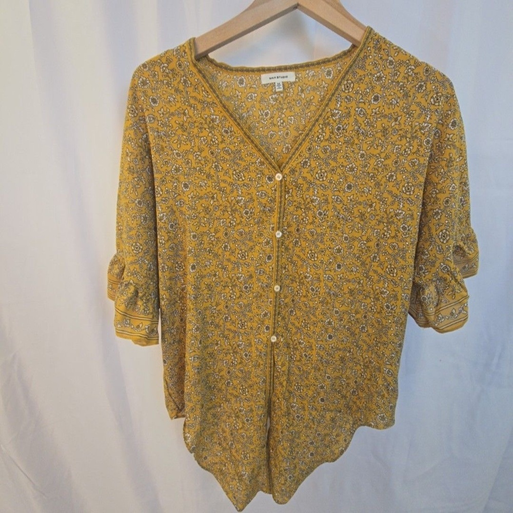 Max Studio Blouse Womens Medium Yellow Floral Button Front 3/4 Bell Sleeve Tunic